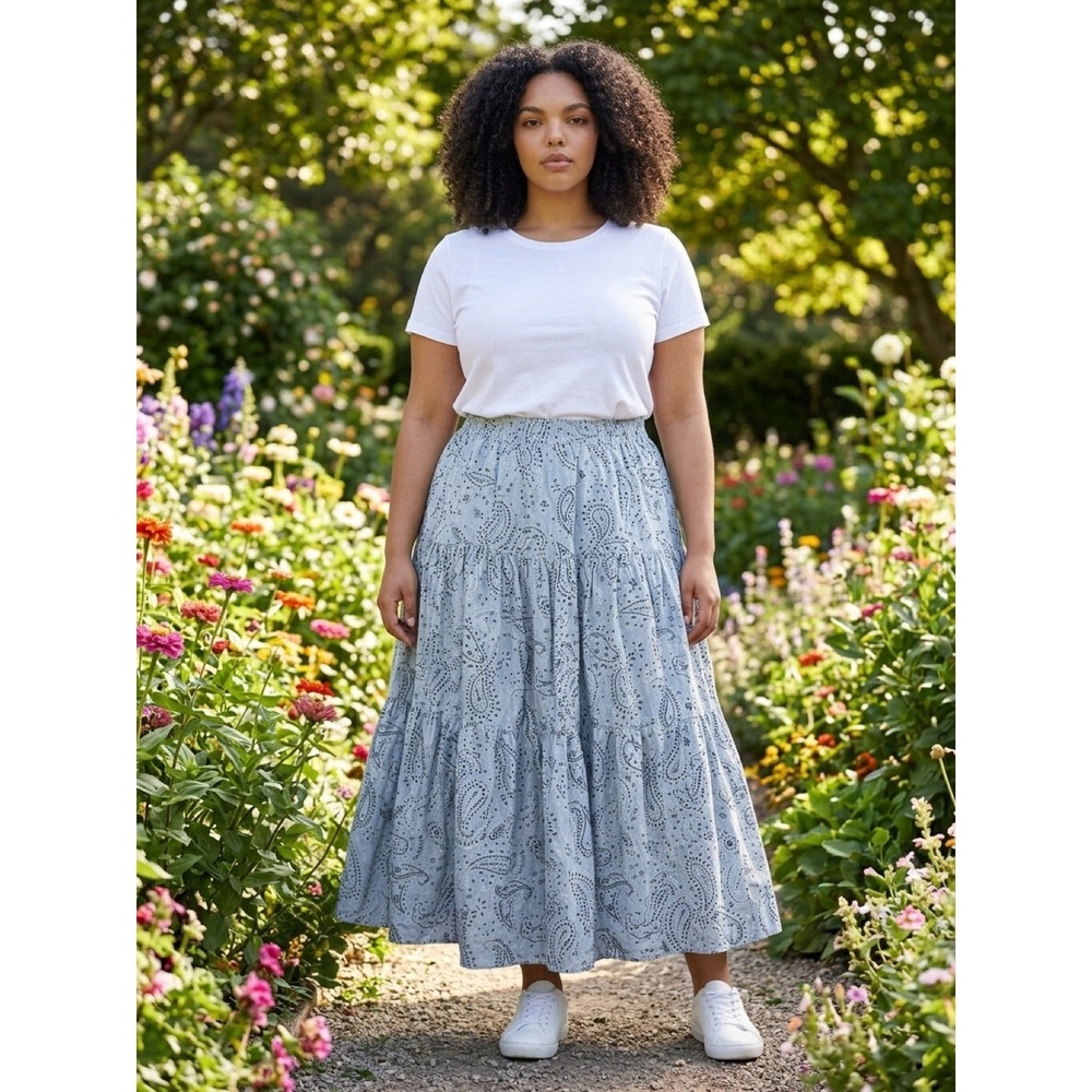 Diamond L Women's Peasant Blue Paisley Midi Skirt Cotton with Pockets size 11/12
